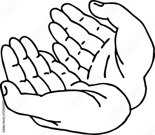 Open hands to care about important things. Background to show, offer and hold product. Magic palmistry prediction by two palms. Hand drawn retro vintage vector illustration. Old style line drawing.