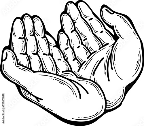 Open hands to care about important things. Background to show, offer and hold product. Magic palmistry prediction by two palms. Hand drawn retro vintage vector illustration. Old style line drawing.