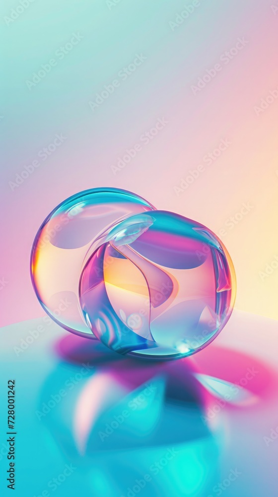 on floating 3D iridescent glass, organic forms, light refraction, gradient neon blue pink background for stories. on floating 3D iridescent glass, organic forms, light refraction, gradient neon blue pink background for stories.