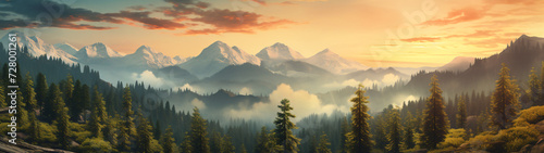 mountain forest landscape at sunrise, mountain panorama photo