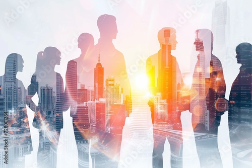 double exposure of business people with a city background and sunset design elements