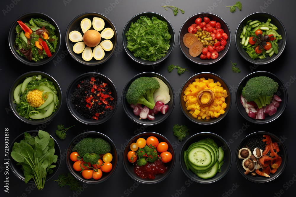 aerial photography of various types of vegetables in black bowls.