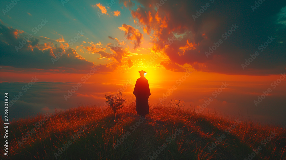 Fototapeta premium Graduate's Silhouette Against Majestic Sunset Skyline