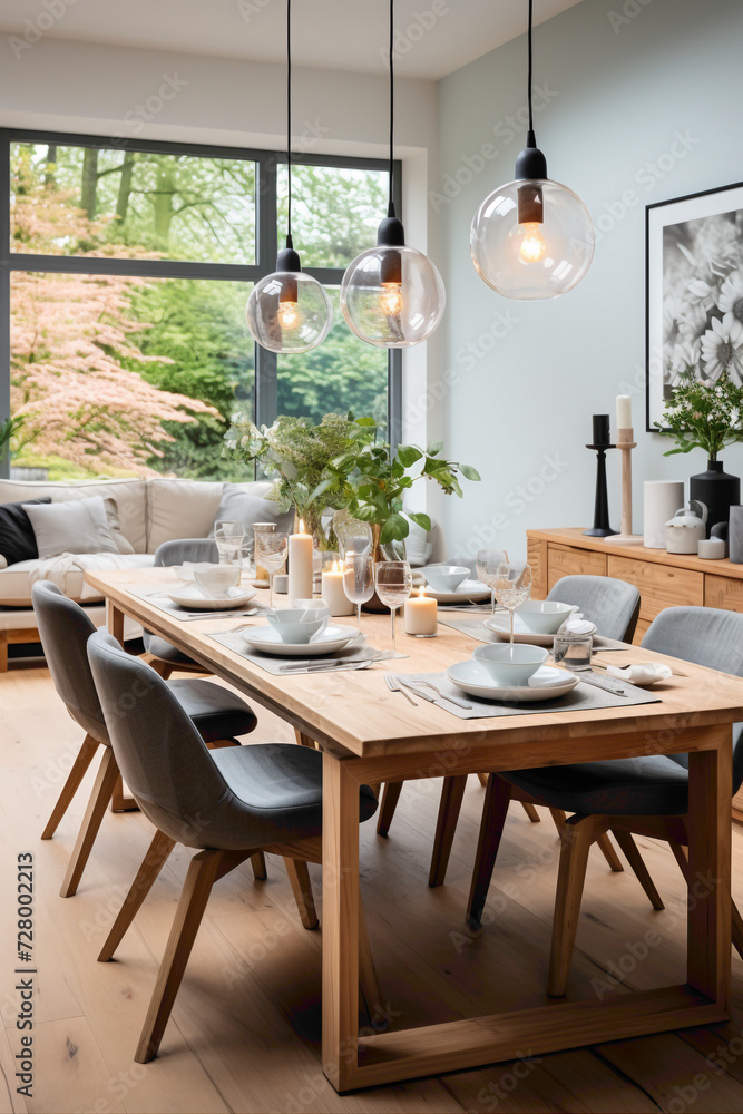 Immerse yourself in the understated beauty of a dining room showcasing Scandinavian home interior design. 