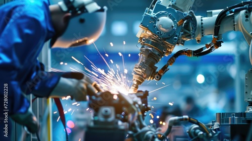 A robotic arm flawlessly conducts welding operations, highlighting the integration of technology in industrial processes.