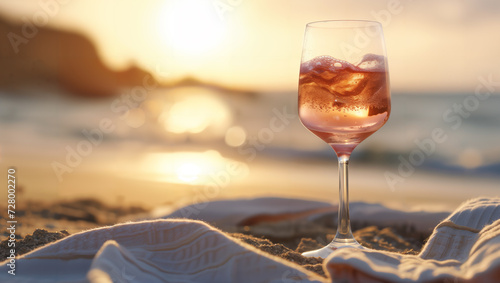 A glass of rosé wine on a cloth at the sandy beach during sunset, with the sun disappearing on the horizon, casting its reflection on the sea. photo