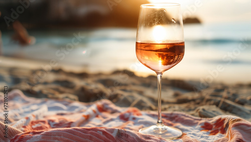A glass of rosé wine on a cloth at the sandy beach with the sea in the background, reflecting the sun photo