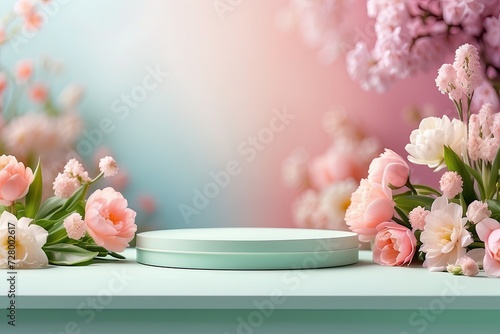 Podium for demonstration and montage of product with delicate floral spring decor. Spring time background, blooming, birthday, March 8, Easter, women's day, wedding. Copy space.  photo