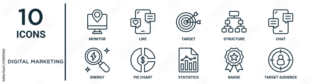 Vetor de digital marketing outline icon set such as thin line monitor ...