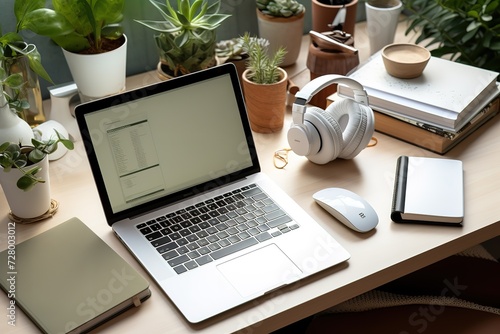 a notebook, computer, desk, books and some plants on the worktable