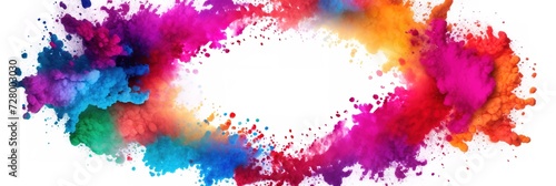 Colorful empty frame for text, Vivid Holi Festival Sale Banner, Explosion of Powder for Holiday Promotions or Birthday Events on white background.