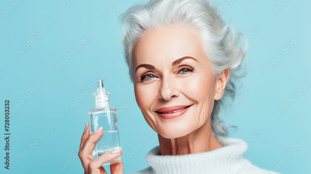 Engage in timeless beauty with a creative portrait of an elderly woman holding a jar of skincare product. An advertising photo concept celebrating natural grace and wellness.