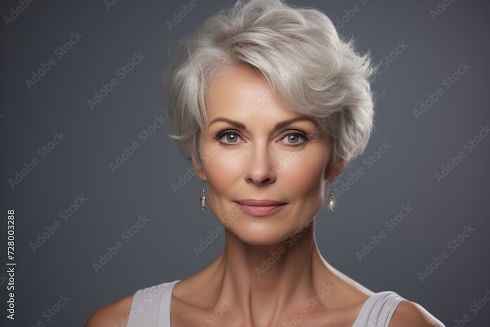 A poised senior woman with elegant silver hair and captivating eyes, donning pearl earrings and a white top, exudes confidence and timeless beauty against a grey backdrop A poised senior woman with elegant silver hair and captivating eyes, donning pearl earrings and a white top, exudes confidence and timeless beauty against a grey backdrop