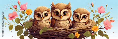 Cute owl family with chicks in a spring blooming nest of twigs and flowers on a white background. Spring card, spring time. photo