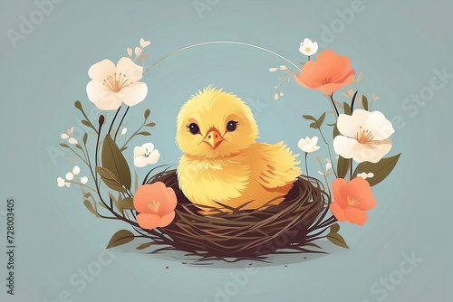 Cute vector yellow chick in a spring blooming nest of twigs and flowers on a solid background. Spring card, spring time, Easter. 