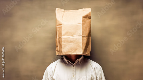 A mysterious portrait depicting a man with a paper bag on his head, evoking a kidnapping concept. A dramatic and intriguing image for various themes.