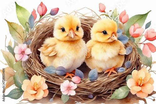 Cute watercolour fluffy yellow chicks in a spring blooming nest of twigs and flowers in nature. Spring card, spring time, children, childhood. 