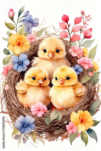 Cute watercolour fluffy yellow chicks in a spring blooming nest of twigs and flowers in nature. Spring card, spring time, children, childhood.  © Ольга Симонова