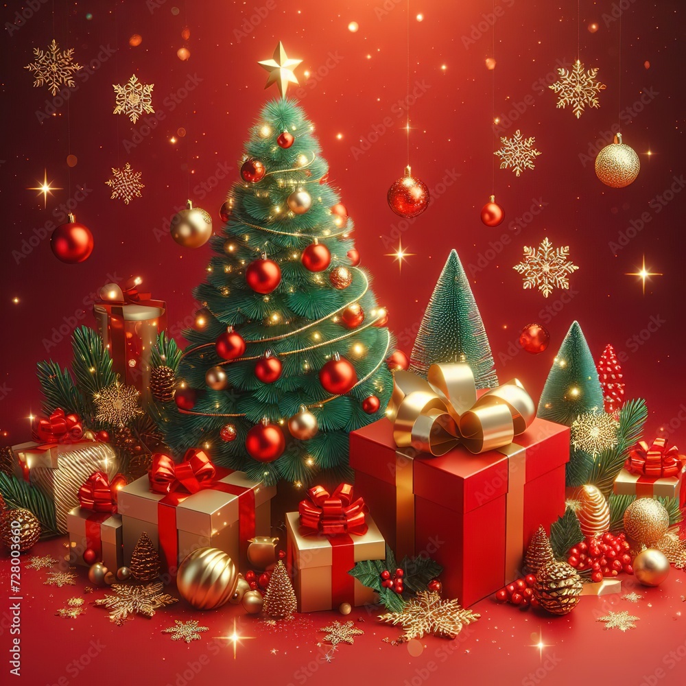3d illustration of Christmas banner of Christmas tree and gift box on red background 3d illustration of Christmas banner of Christmas tree and gift box on red background