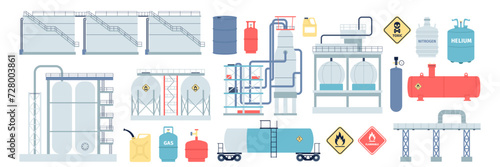 Gas petroleum and fuel storages. Balloons propane, cylinders and canisters. Industrial petroleum elements, fabric and stations, recent vector set