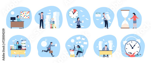 Deadline office work. Manager run, administrator working with papers and looking on clock. Paper piles, folders stacks, corporate stress recent vector scenes