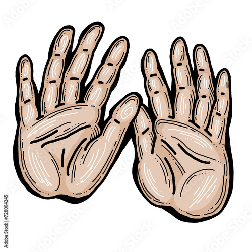 Open hands to care about important things. Background to show, offer and hold product. Magic palmistry prediction by two palms. Hand drawn retro vintage illustration. Old style tattoo line drawing.