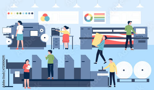 Printing house working process. Polygraphy production, people work with typography equipment, printing and prepress. Recent vector print shop scene