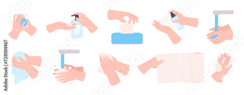Washing hands. Personal hygiene, using tissue, soap and disinfectant spray. Cleaning hand with dry and wet wipes, self care and clean, racy vector set