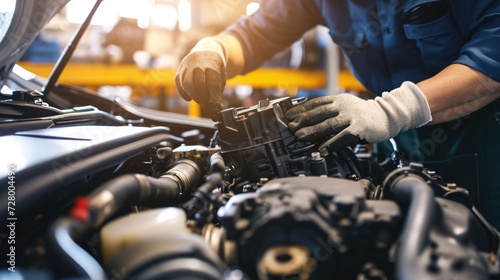 The dedicated auto repair master showcases expertise and precision as they meticulously repair a car engine at the forefront of the auto service, ensuring top-tier automotive care.