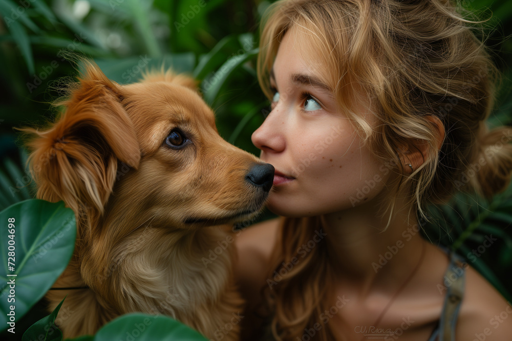Close-up of a woman and her pup, inseparable companions, exploring a lush oasis amidst the urban jungle. Every whisker, every smile, beautifully captured. Off-center adventures reveal the harmony