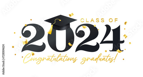 Congratulations graduates vector illustration. Class of 2024 elegant design template with graduation cap and confetti isolated on white background. Elegant Grad ceremony typography concept with hat..