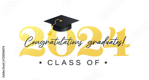Congratulations graduates vector illustration. Class of 2024 elegant design template with graduation cap and confetti isolated on white background. Elegant Grad ceremony typography concept with hat..