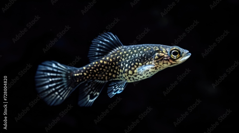 Close-up of Black Molly on a black background in an aquarium. Close-up of Black Molly on a black background in an aquarium.