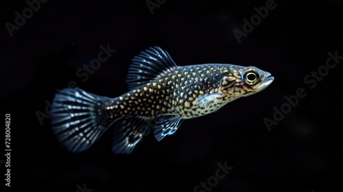 Close-up of Black Molly on a black background in an aquarium.