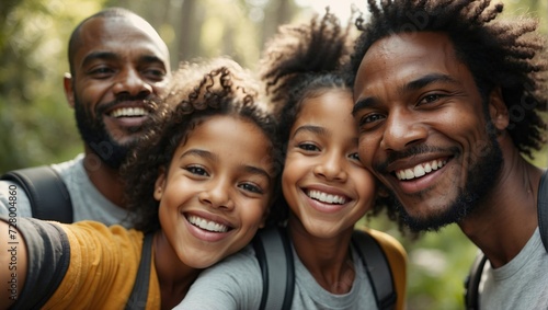 Outdoor family selfie with two African-American children and parents in a forest, smiling warmly.