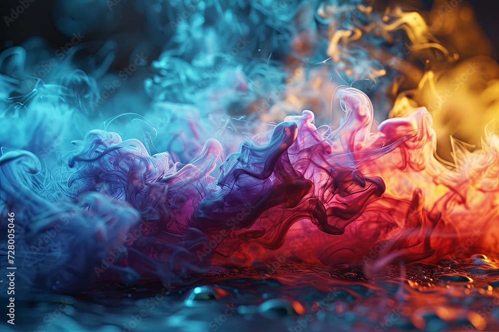 Colorful rainbow neon smoke paint explosion, Colorful paint splatter and watercolor powder splash on dark background