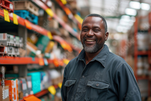 Middle-aged African man in a hardware warehouse, smiling and laughing as he selects a repair tool © Asiri