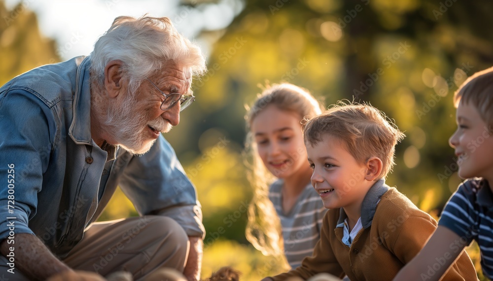 Grandfather Sharing a Joyful Moment with Grandchildren Outdoors at Sunset