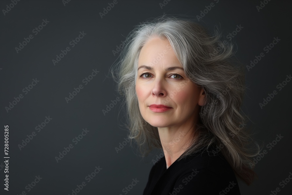 Elegant Senior Woman with Silver Hair and Confident Gaze Against a Dark Background