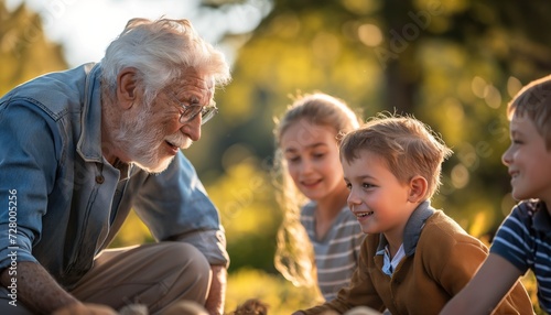 Grandfather Sharing a Joyful Moment with Grandchildren Outdoors at Sunset