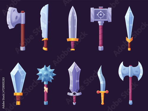 Medieval cartoon weapon. Swords and knife, sabre, axe and hammer. Old style game icons, iron weapons with shine blade. Nowaday vector clipart