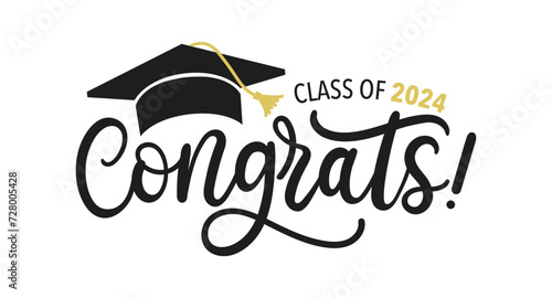 Congratulations graduates vector illustration. Class of 2024 trendy design template with graduation cap and lettering isolated on white background. Grad ceremony hand drawn typography concept. photo