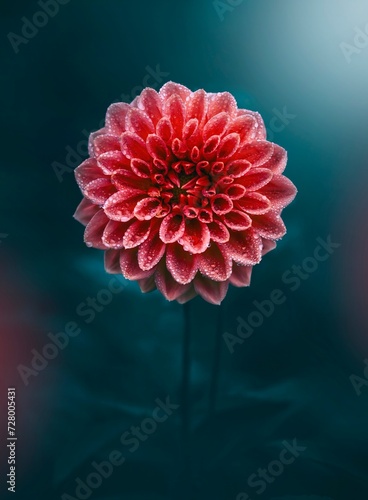 Close-up of a single red dahlia flower against teal dark moody background. Shallow depth of field with soft focus and dreamy light (ID: 728005431)