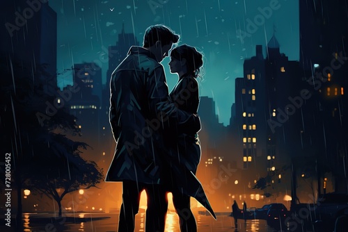 couple embraces and kisses at night in rain falling in frame