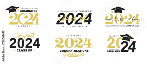 Class of 2024 graduation template set. Congratulations graduates celebration design for college, high school, university. Tassel and cap vector illustration for educational milestone graphic design.