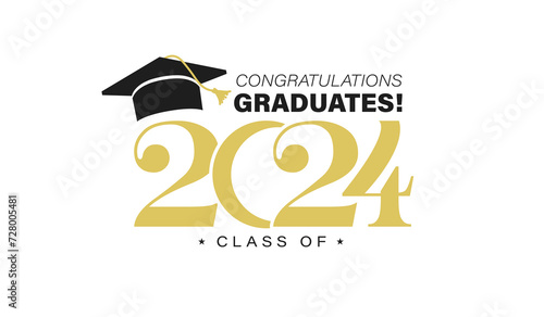 Class of 2024 graduation typography template. Congratulations graduates celebration design for college, high school, university. Tassel and cap vector illustration. Educational milestone graphic art.