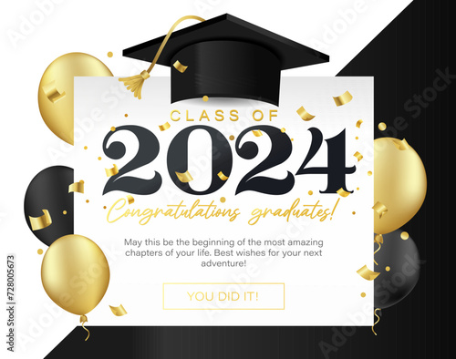 Class of 2024 Vector Illustration. Congratulations Graduates template for banner, invitation, greeting card. Graduation ceremony elegant design with Graduation Cap. Gold, black and white colors.