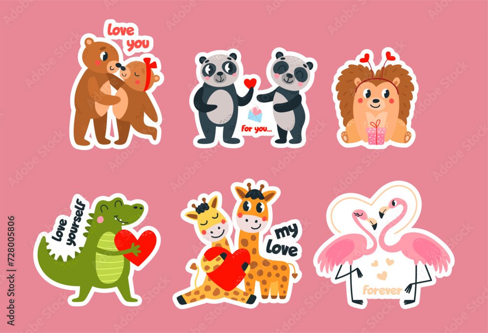 Fototapeta premium Love stickers with cute animals. For you and forever, love yourself. Funny animal romantic relationship, valentines day or wedding vector design