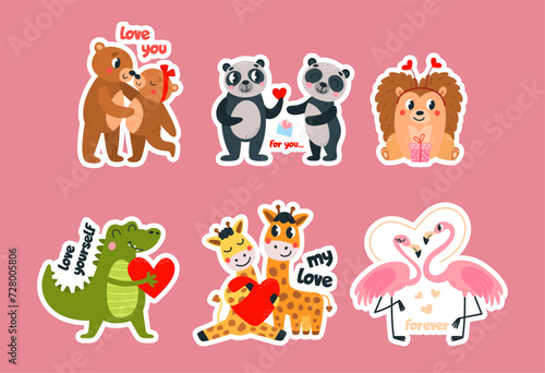 Love stickers with cute animals. For you and forever  love yourself. Funny animal romantic relationship  valentines day or wedding vector design