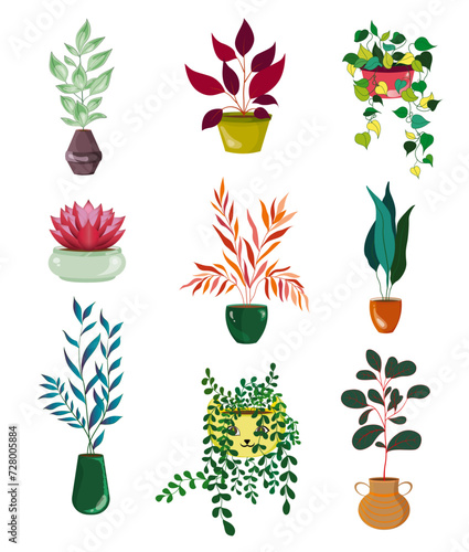 Set - potted plants, indoor plants, vector illustration. Stickers. 9 images. Can be edited.